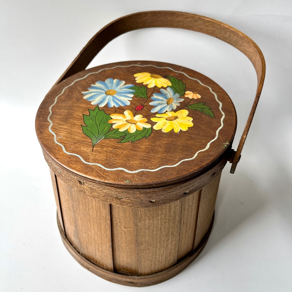 Hand Painted Firkin Wood Bucket Handle Vintage Sewing Basket Storage Caddy Toile